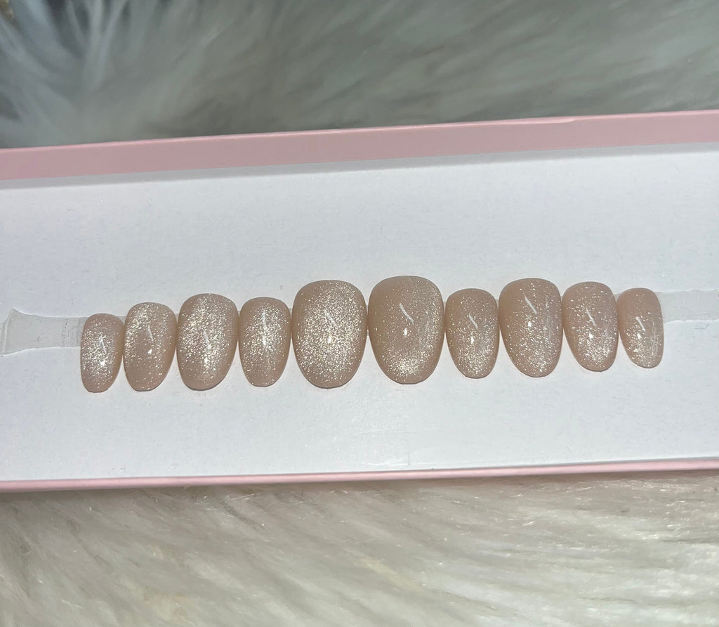 gold nude neutral velvet cat eye magnetic glitter press-on nails by Polished by Maddie