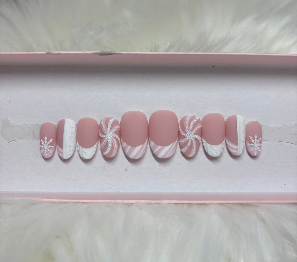 pink glitter candy cane peppermint girly pastel christmas holidays 3d sweater press-on nails by Polished by Maddie