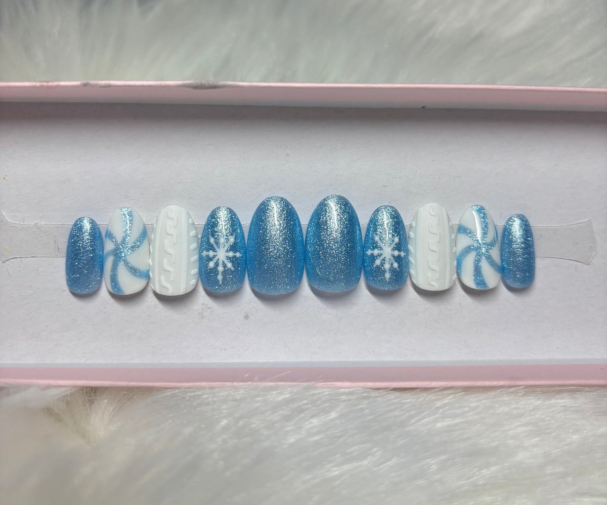 blue glitter icy snowflake winter christmas white sweater 3d peppermint swirl candy cane press-on nails by Polished by Maddie