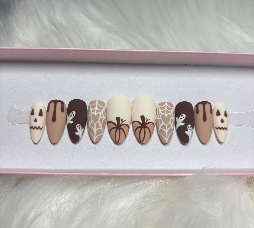 brown halloween spooky spider webs ghosts pumpkin jack o lantern matte press-on nails by Polished by Maddie