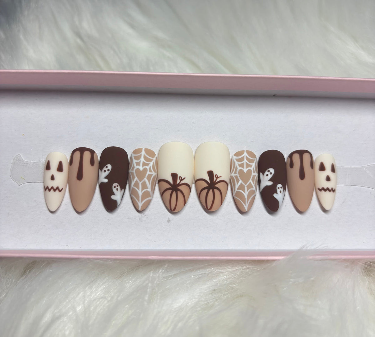 brown halloween spooky spider webs ghosts pumpkin jack o lantern matte press-on nails by Polished by Maddie
