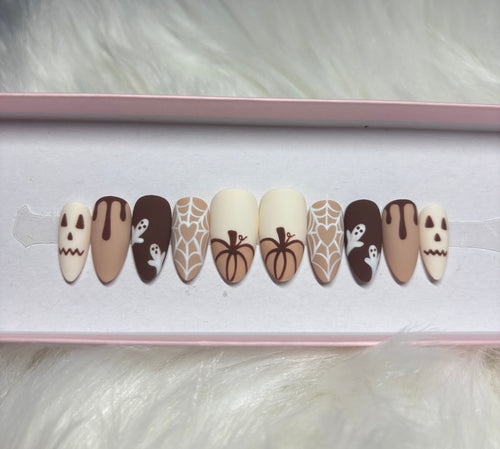 brown halloween spooky spider webs ghosts pumpkin jack o lantern matte press-on nails by Polished by Maddie