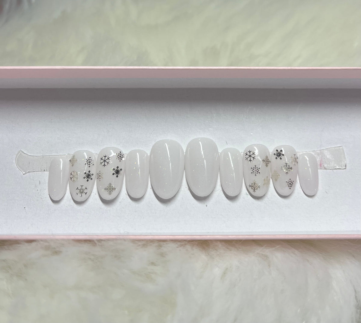 silver snowflakes christmas winter holidays milky white press-on nails by Polished by Maddie