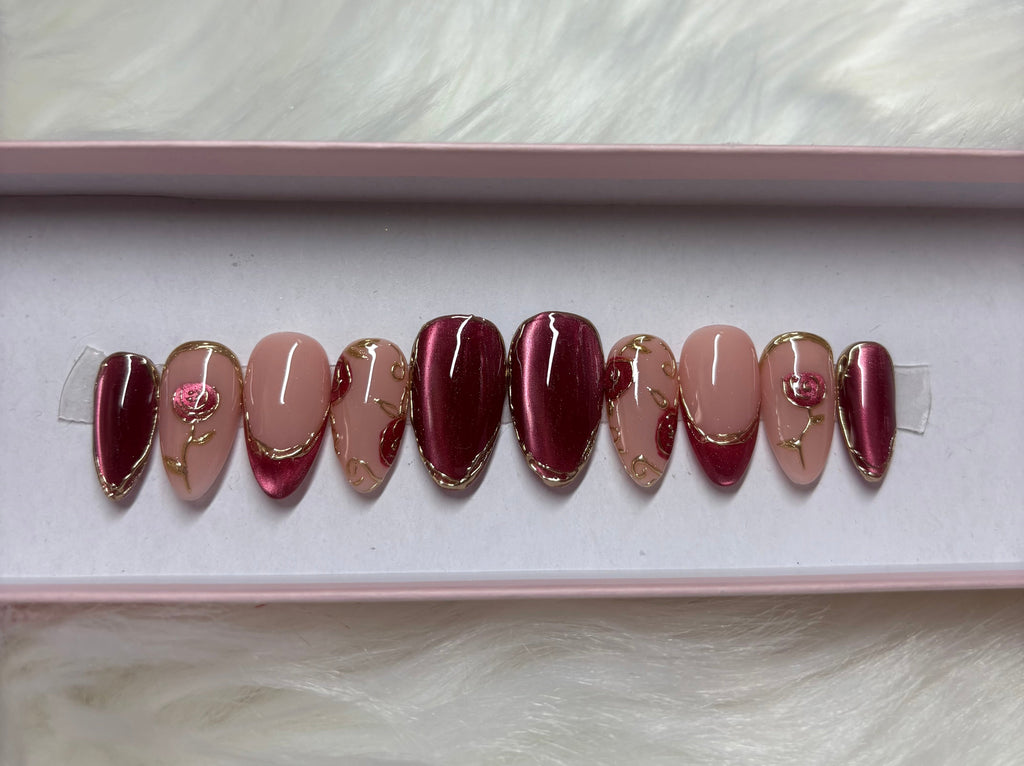 gold chrome red burgundy valentines day cat eye glitter press-on nails by Polished by Maddie
