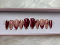 gold chrome red burgundy valentines day cat eye glitter press-on nails by Polished by Maddie
