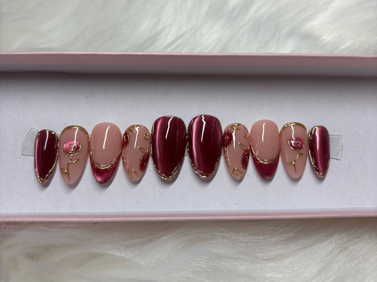 gold chrome red burgundy valentines day cat eye glitter press-on nails by Polished by Maddie