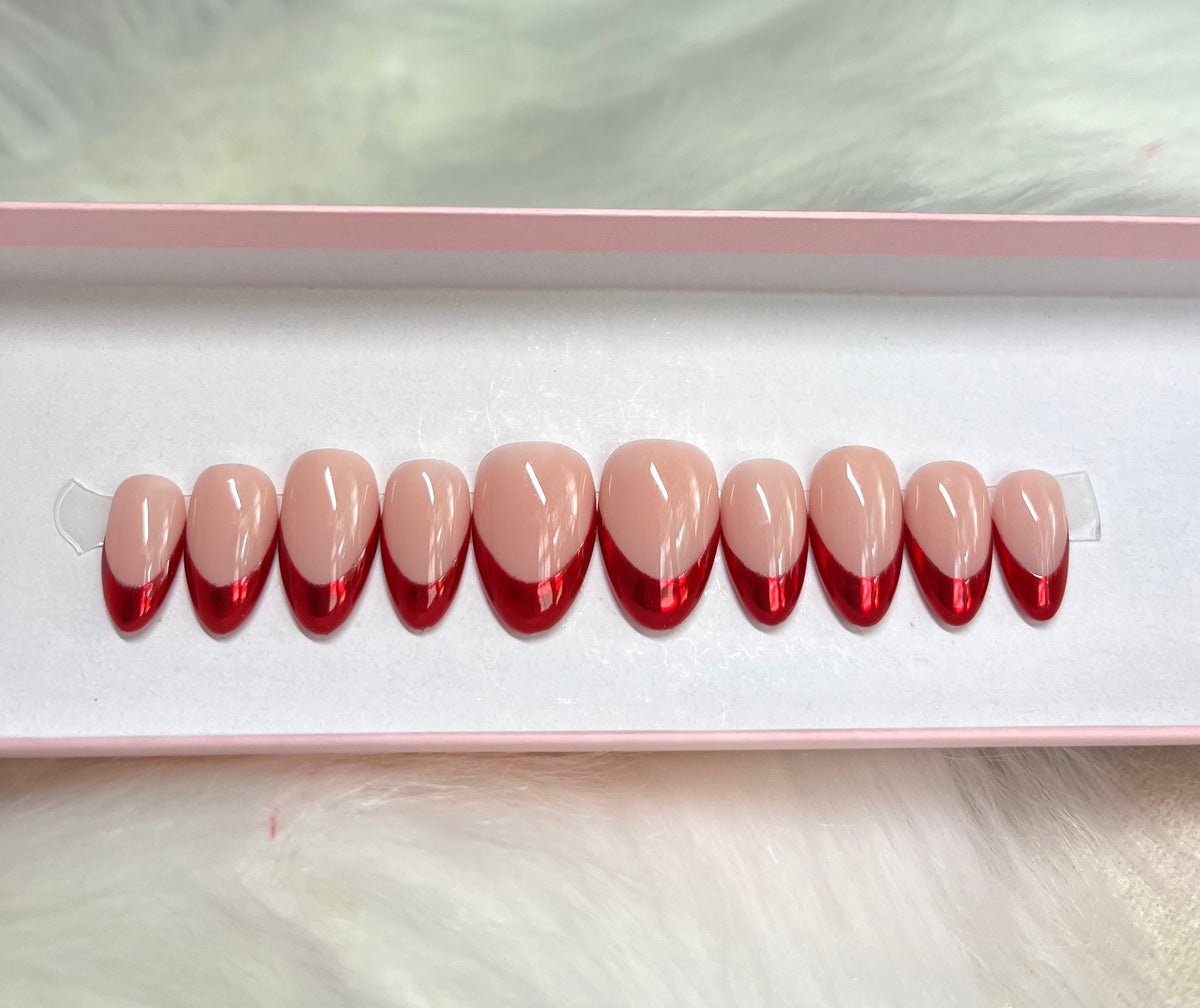 red chrome french tips fall autumn press-on nails by Polished by Maddie