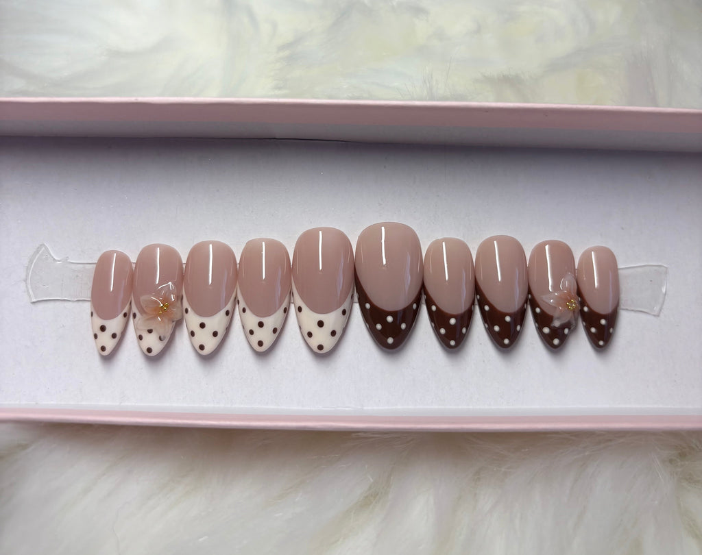polka dots french tips fall brown cream white 3d flower autumn press-on nails by Polished by Maddie