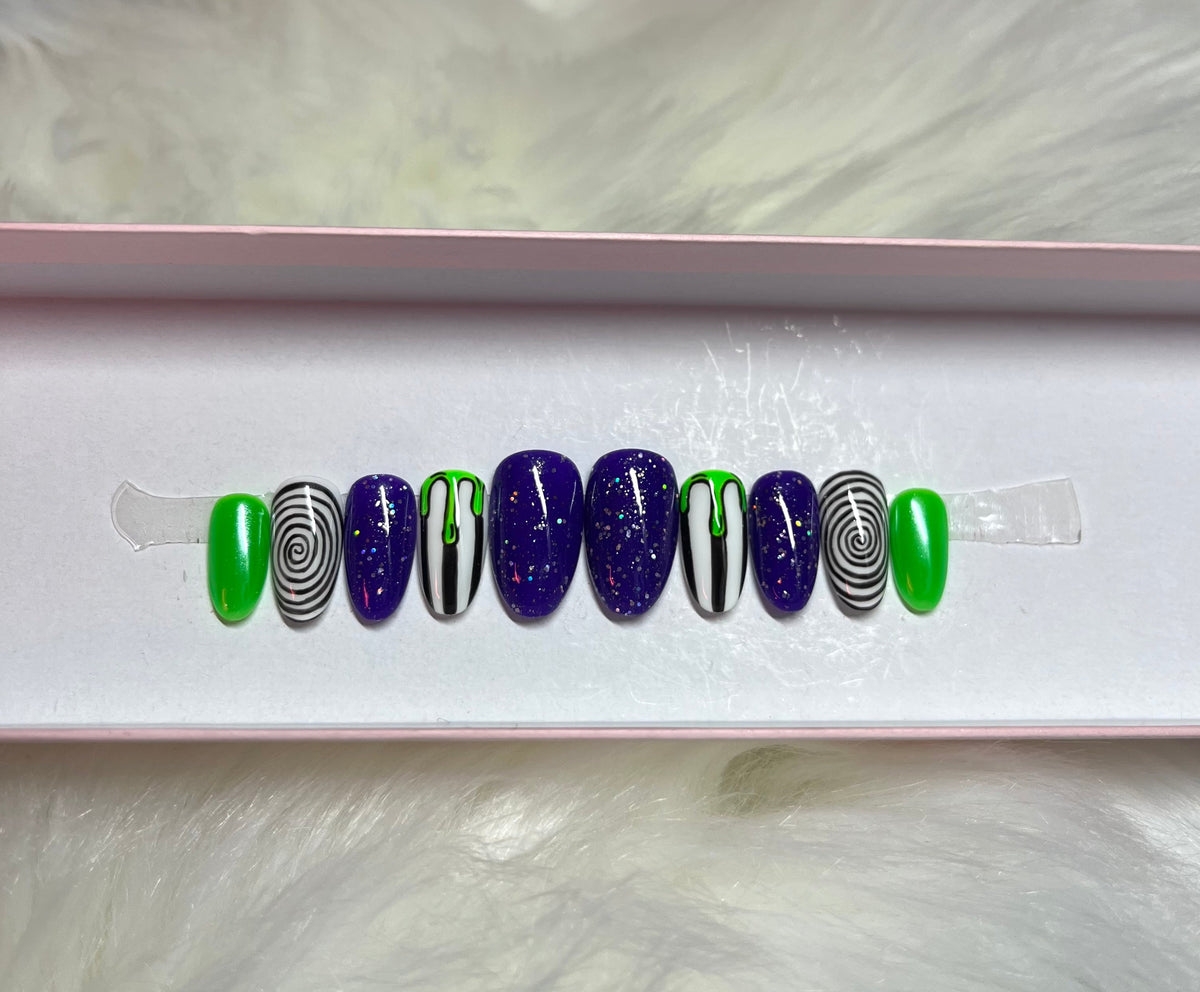 halloween spooky season neon green black drip blood spiral circle press-on nails by Polished by Maddie