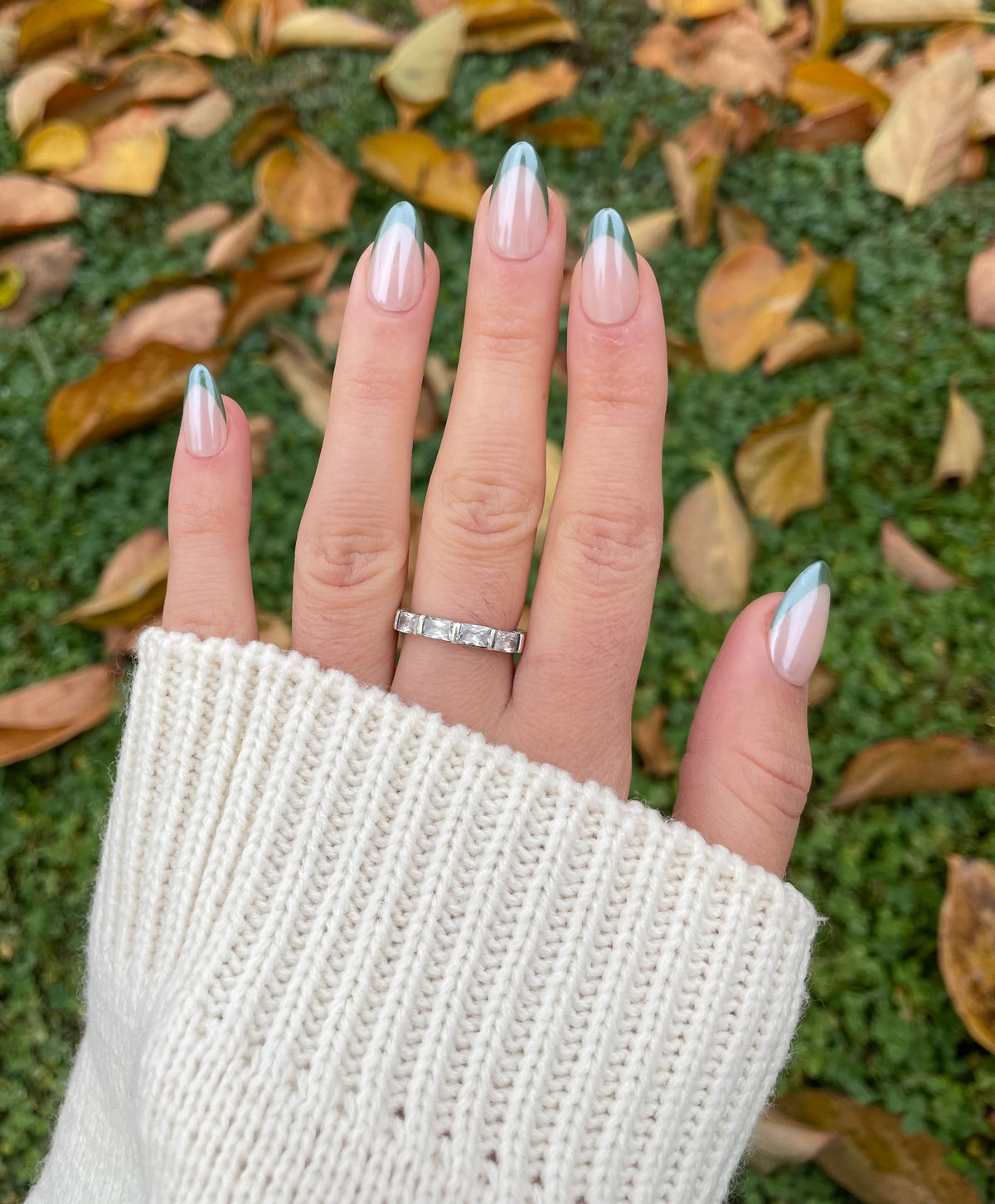 green chrome frenchies nature press-on nails by Polished by Maddie