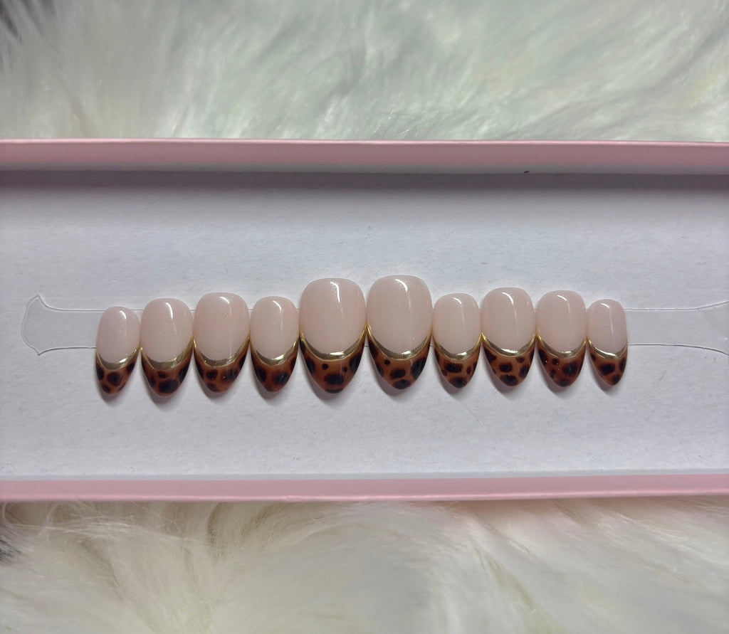 tortoise shell french tips gold line chrome fall press-on nails by Polished by Maddie