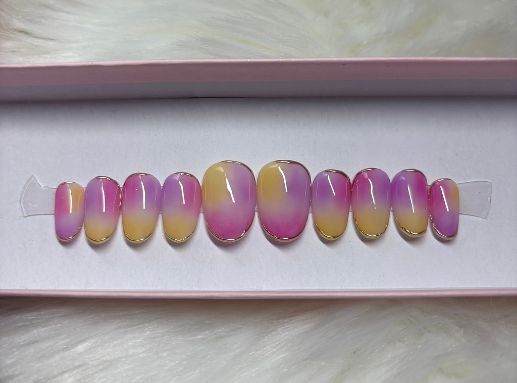 pink purple yellow blend gold chrome outline birthday summer press-on nails by Polished by Maddie