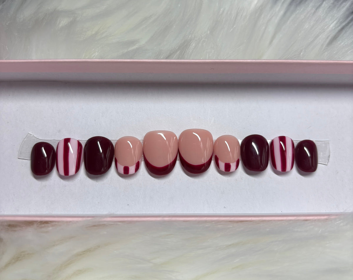 cherry red stripes french tip pink valentines day burgundy fall press-on nails by Polished by Maddie