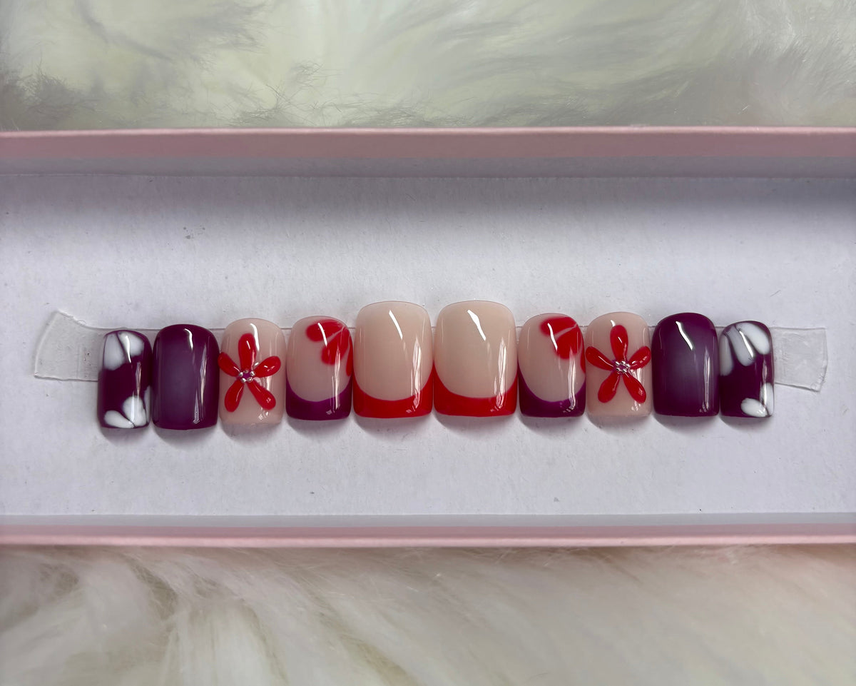 flowers red purple aura 3d french tip summer press-on nails by Polished by Maddie