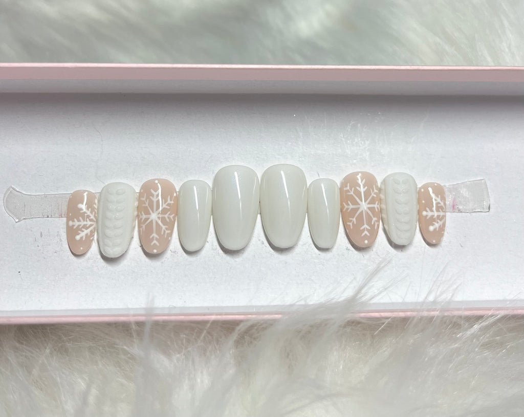 snowflake muted milky white holiday christmas 3d sweater press-on nails by Polished by Maddie