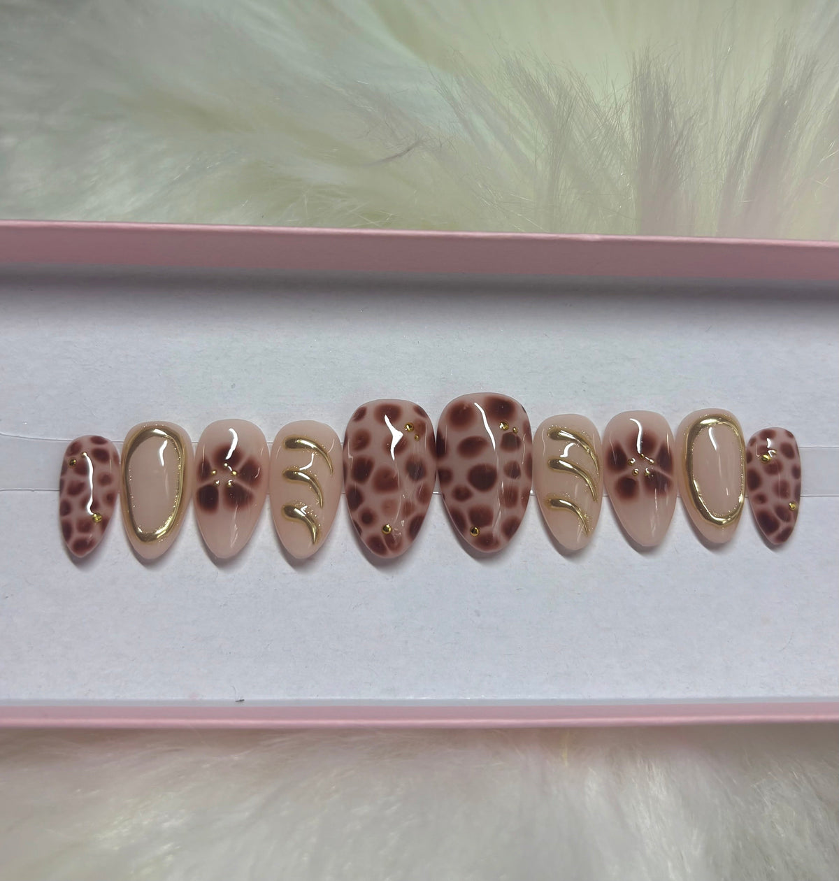 brown gold ring chrome cheetah tortoise flowers fall press-on nails by Polished by Maddie