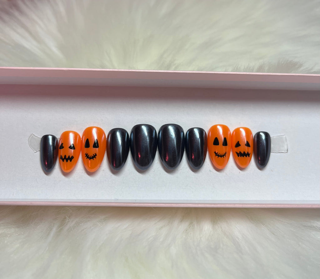 black orange chrome halloween press-on nails by Polished by Maddie