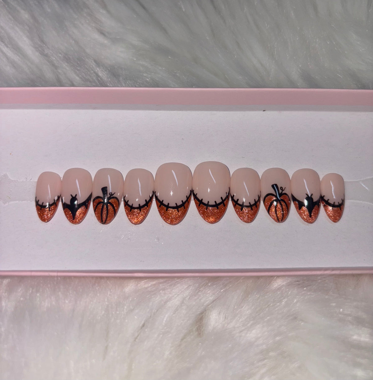 cat eye orange pumpkin velvet glitter halloween spooky french tips bats press-on nails by Polished by Maddie