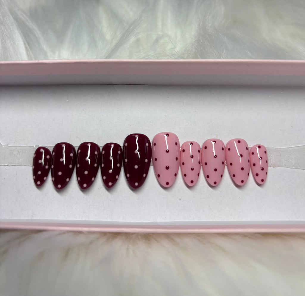 burgundy dark red polka dot pink press-on nails by Polished by Maddie