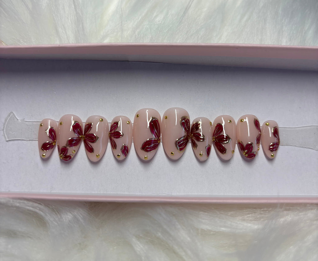 red gold chrome flowers fall autumn burgundy press-on nails by Polished by Maddie