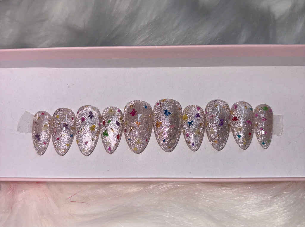 cat eye glitter silver dried flowers rainbow gold flakes press-on nails by Polished by Maddie