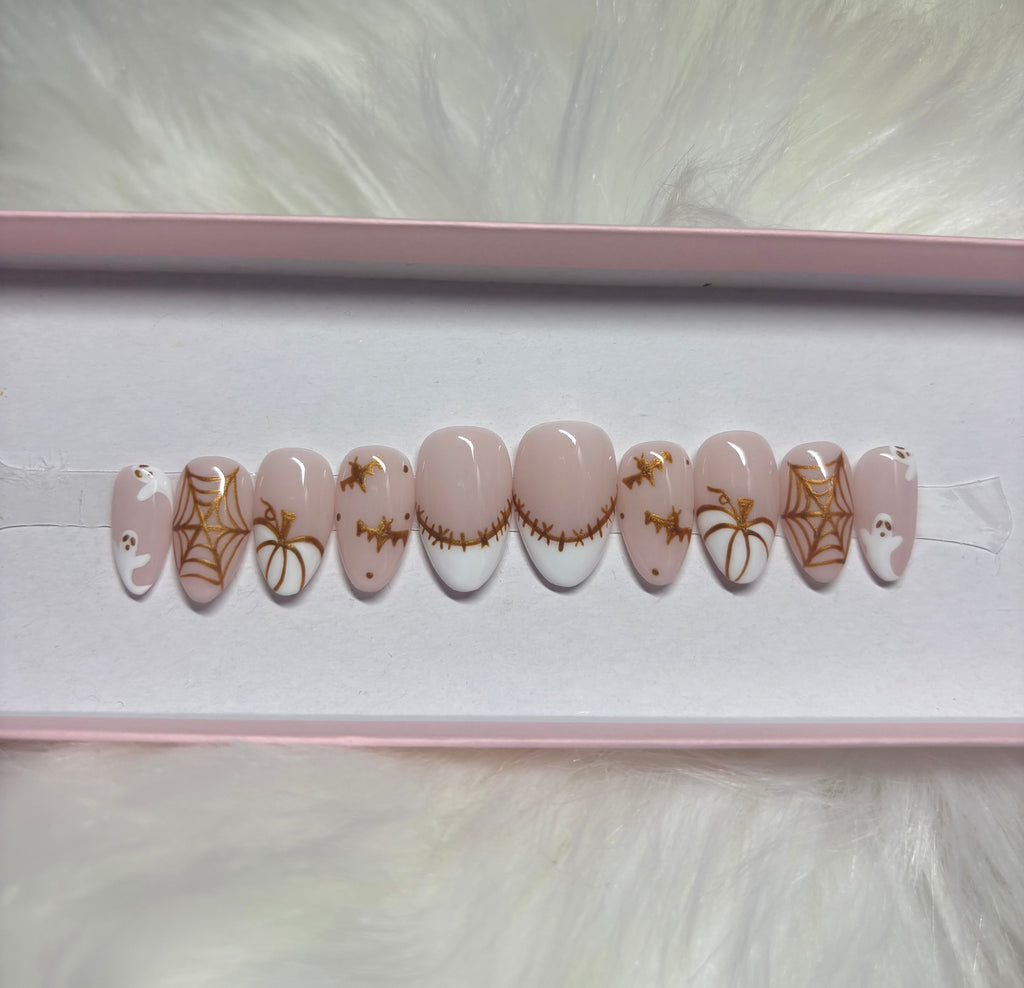 white gold pumpkins ghosts halloween fall press-on nails by Polished by Maddie