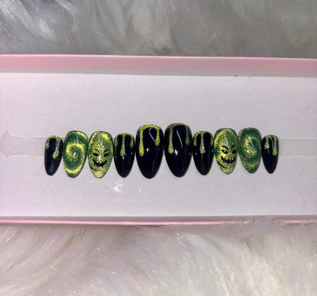 green neon cat eye velvet glitter halloween spooky nightmare before christmas press-on nails by Polished by Maddie