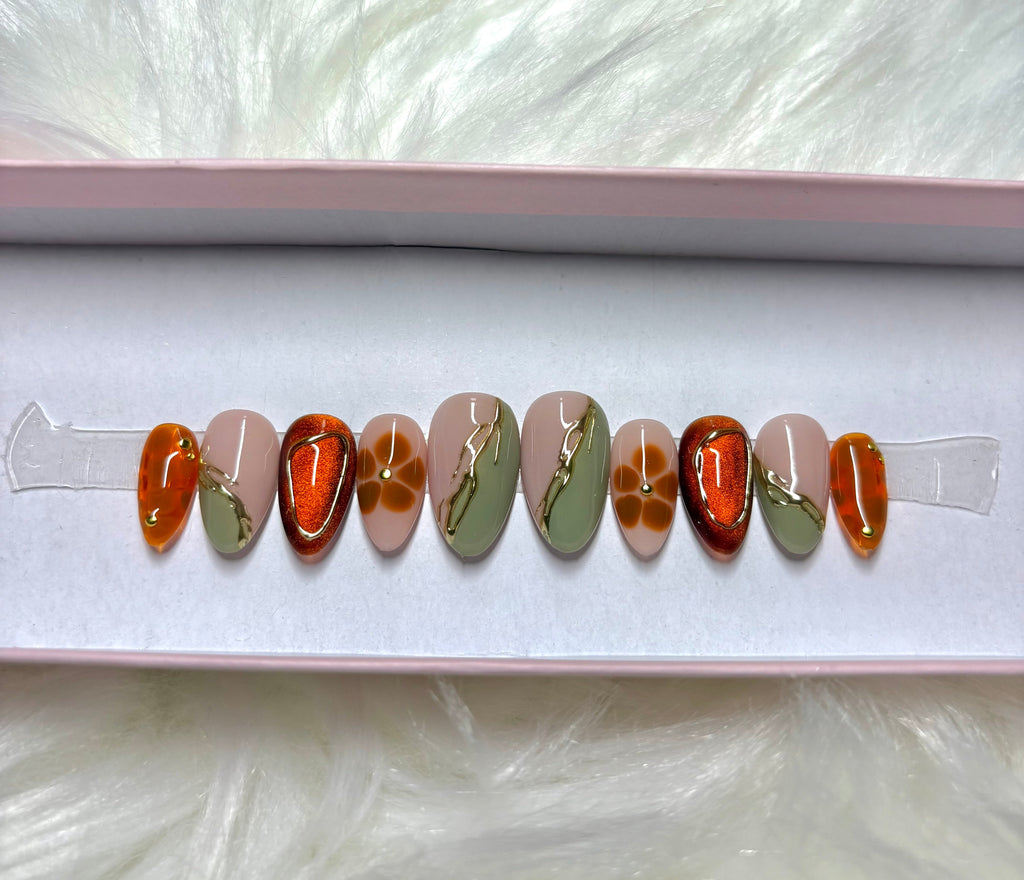 brown green gold 3d cat eye fall autumn press-on nails by Polished by Maddie