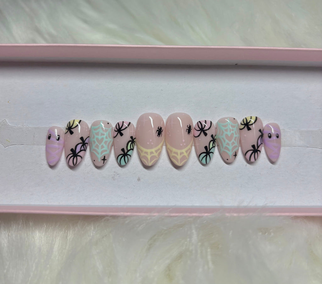 pink purple girly halloween pumpkins spiderwebs spider press-on nails by Polished by Maddie