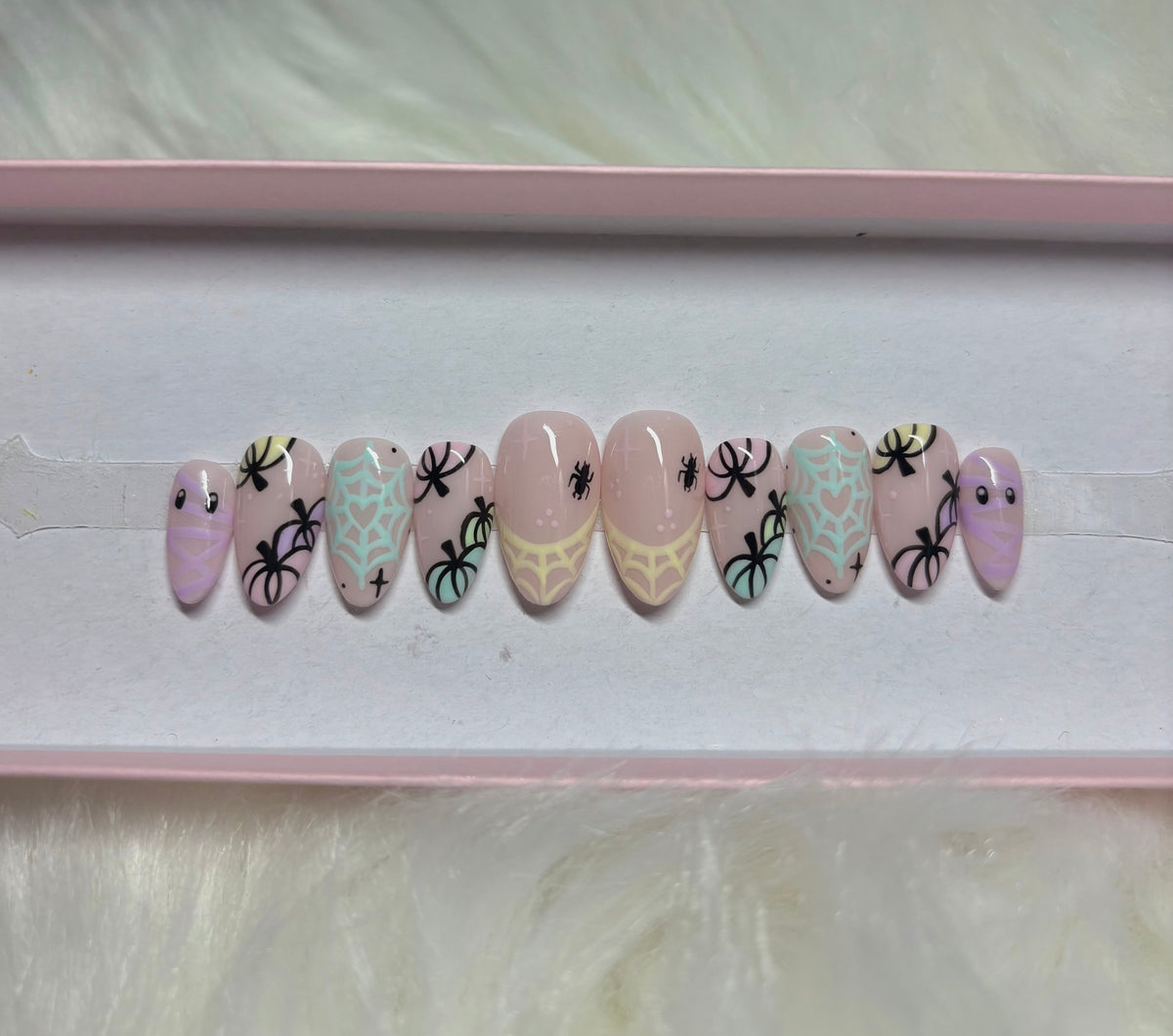 pink purple girly halloween pumpkins spiderwebs spider press-on nails by Polished by Maddie