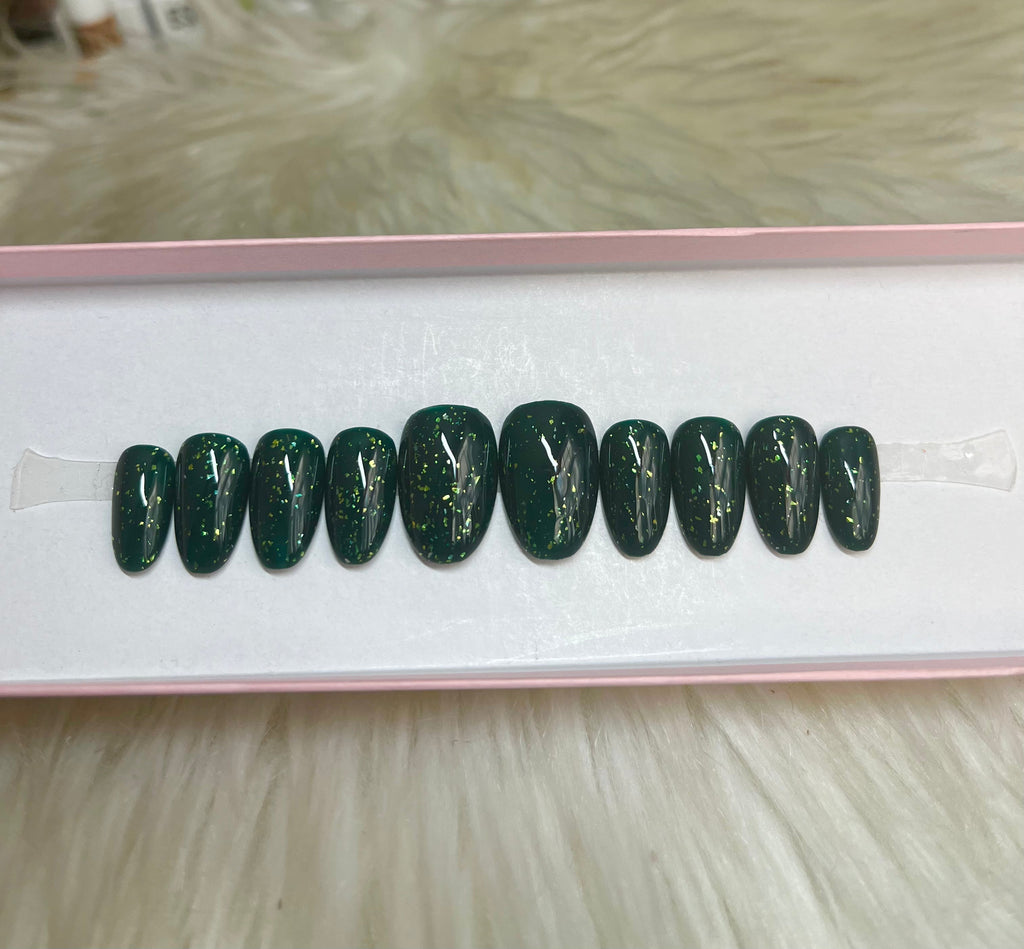 dark emerald green glitter with gold flakes press-on nails by Polished by Maddie