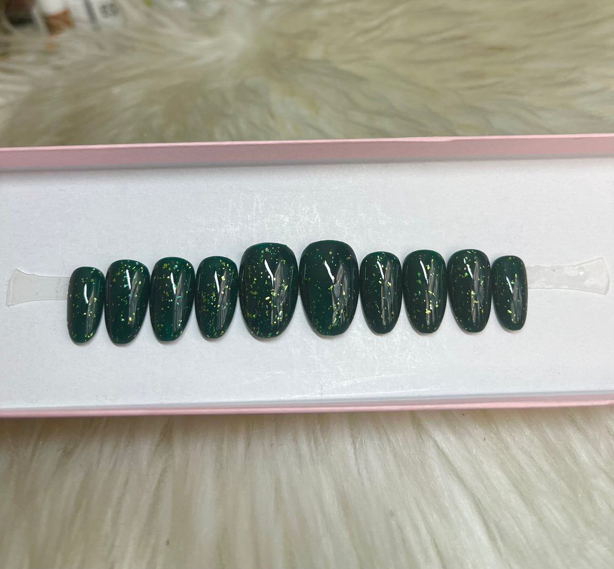 dark emerald green glitter with gold flakes press-on nails by Polished by Maddie
