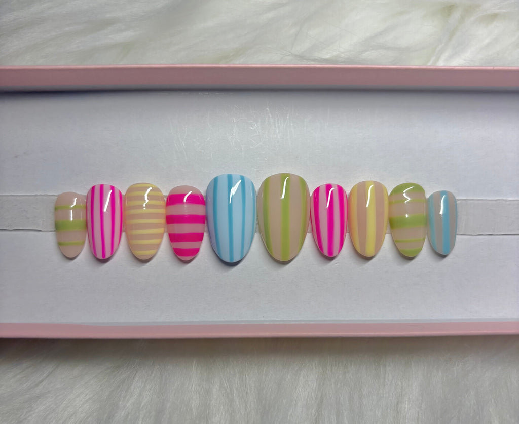 pastel stripes spring summer rainbow press-on nails by Polished by Maddie