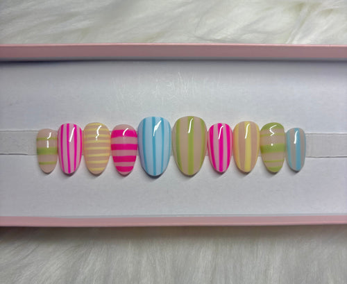 pastel stripes spring summer rainbow press-on nails by Polished by Maddie