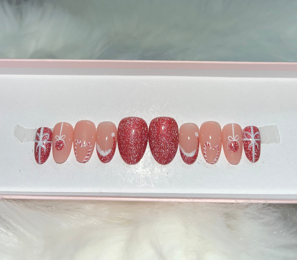 red glitter flash candy cane heart santa hat ornament bow ribbon holiday christmas press-on nails by Polished by Maddie
