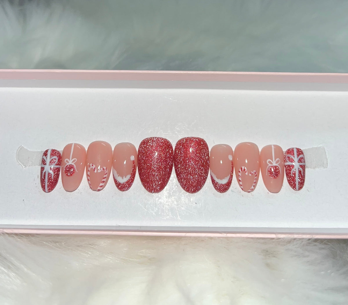 red glitter flash candy cane heart santa hat ornament bow ribbon holiday christmas press-on nails by Polished by Maddie