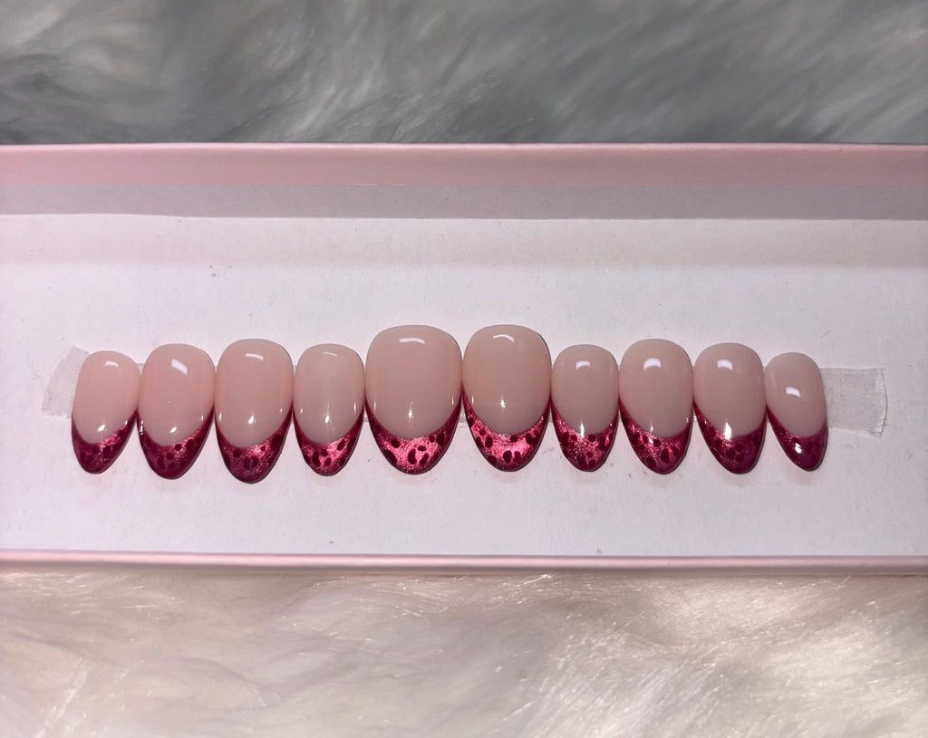 cat eye french tips cheetah leopard print red pink press-on nails by Polished by Maddie
