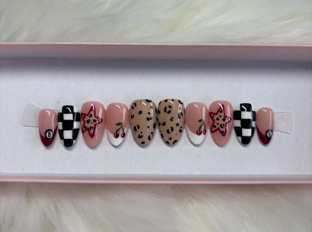 cheetah print star las vegas 8 ball checkers french tips press-on nails by Polished by Maddie