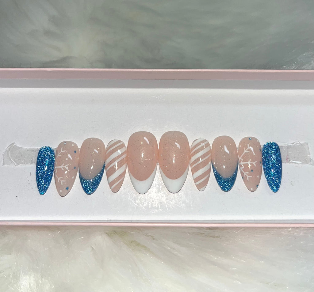 blue glitter snowflake holidays winter christmas press-on nails by Polished by Maddie