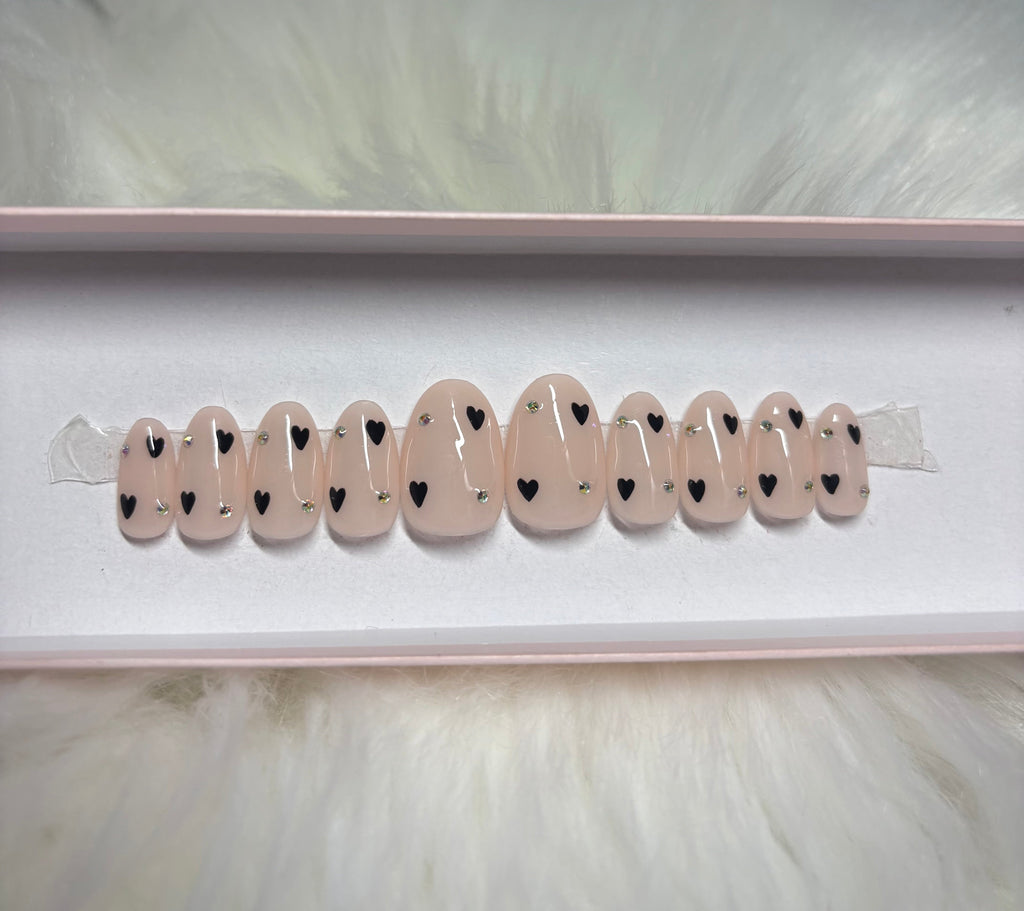 black rhinestone hearts valentines day press-on nails by Polished by Maddie