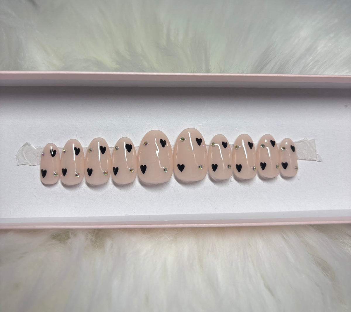 black rhinestone hearts valentines day press-on nails by Polished by Maddie