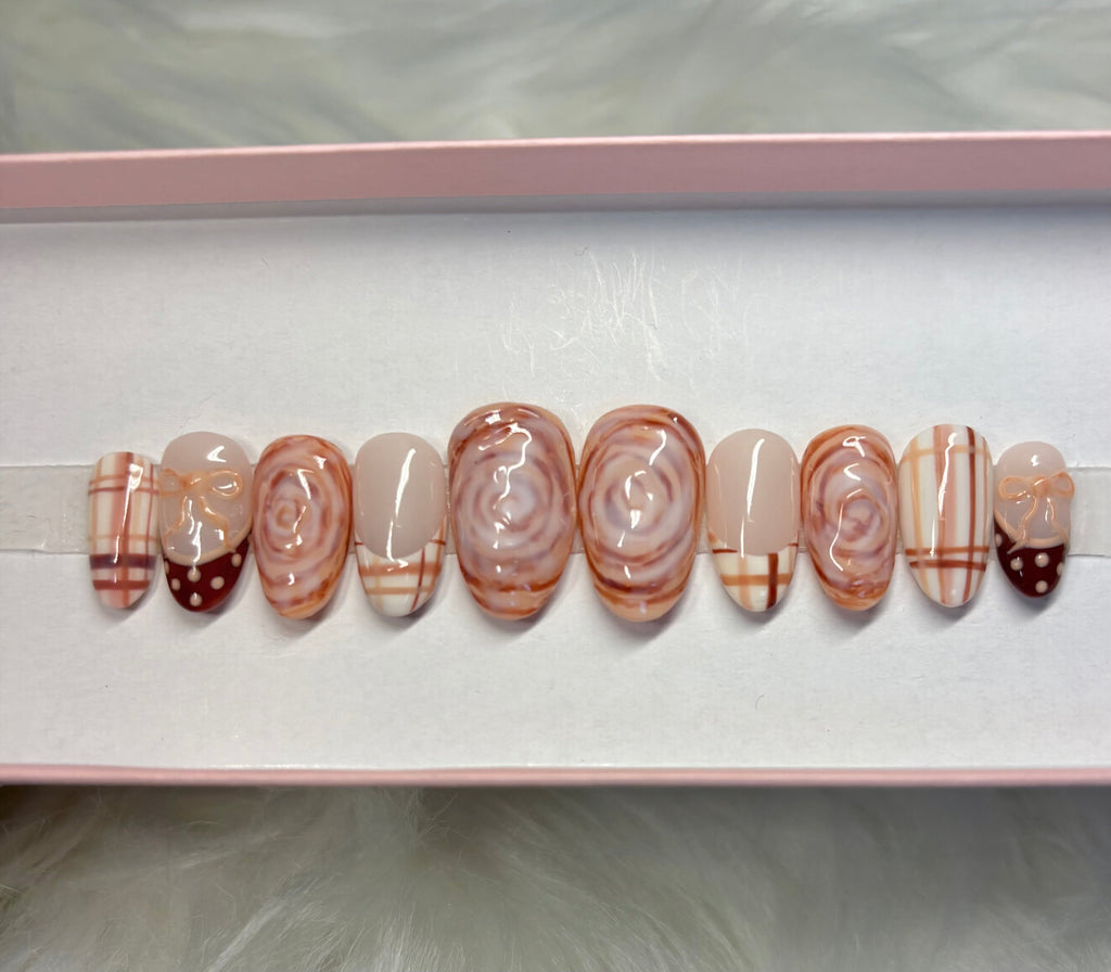 fall bakery baked goods pastry 3d brown beige plaid sweater bow press-on nails by Polished by Maddie
