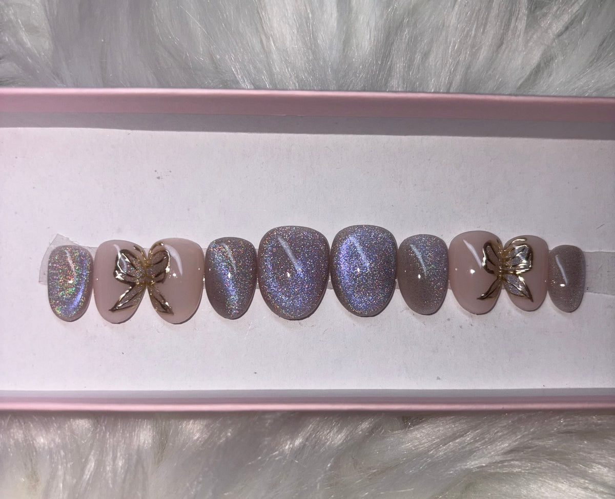 gold chrome rainbow velvet cat eye spring purple press-on nails by Polished by Maddie