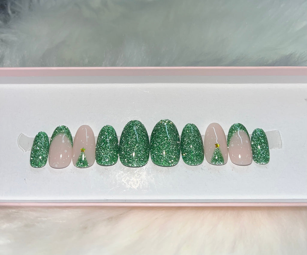 green cat eye velvet glitter holidays press-on nails by Polished by Maddie
