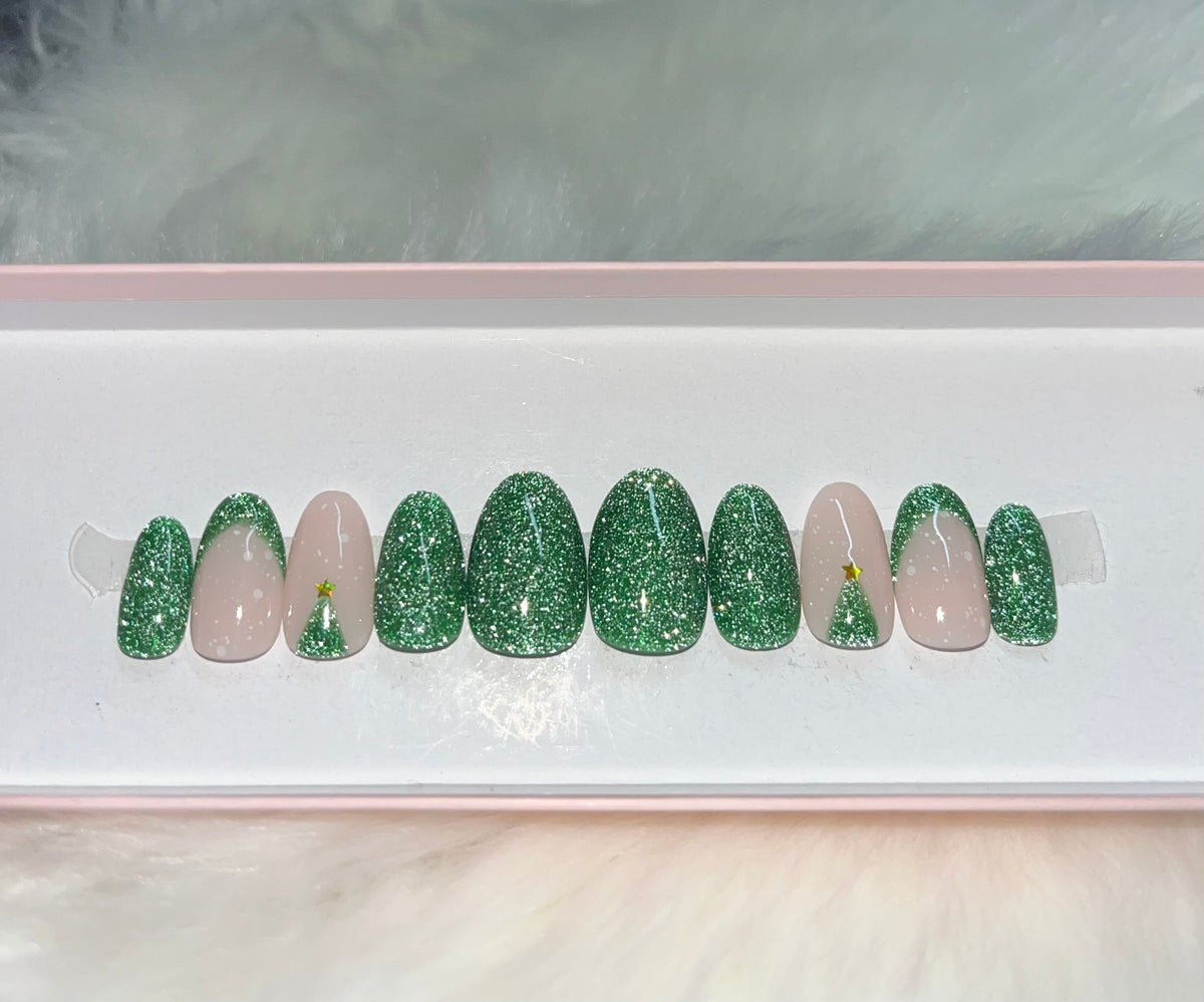 green cat eye velvet glitter holidays press-on nails by Polished by Maddie