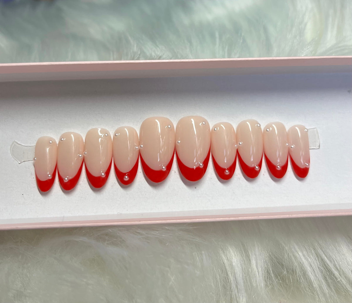 red pearl french tips press-on nails by Polished by Maddie