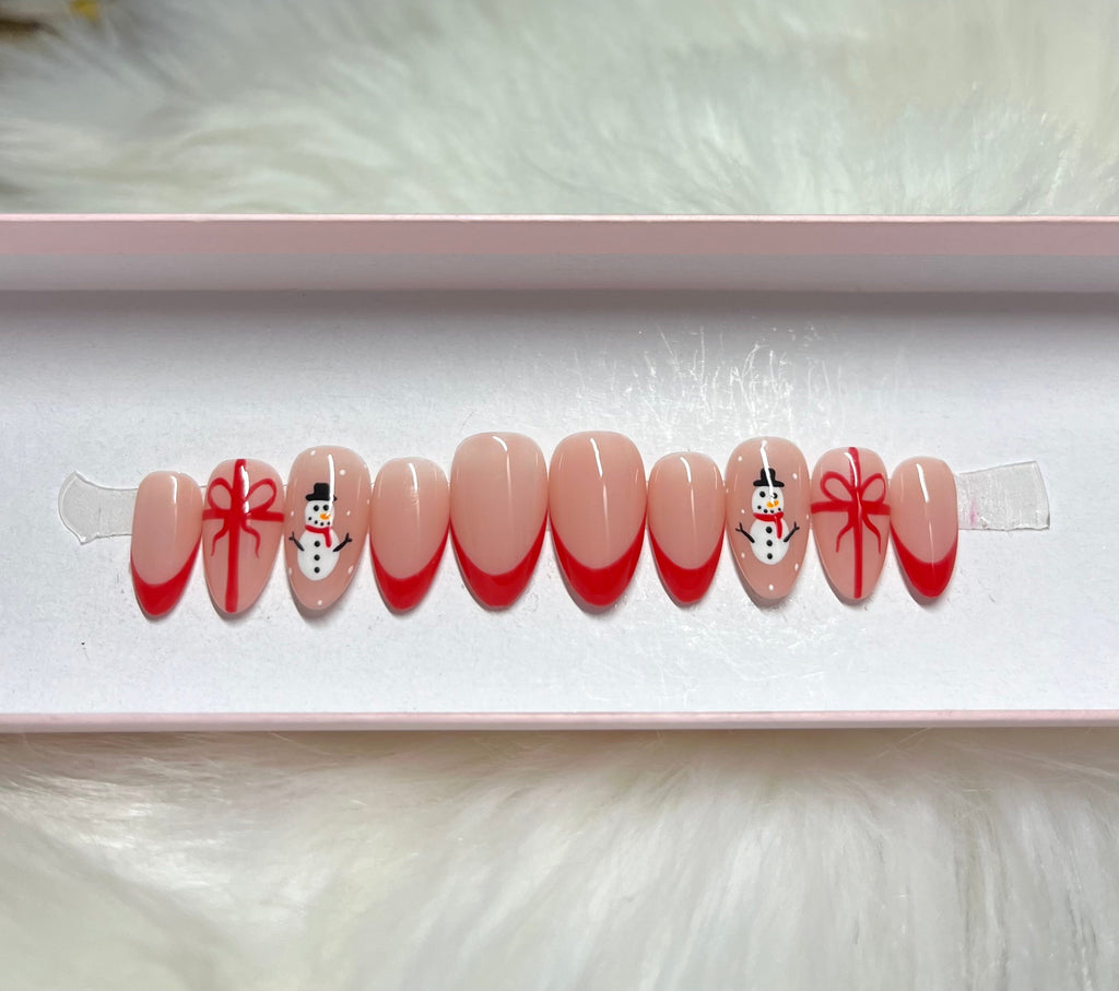 red french tips christmas bow ribbon snowman press-on nails by Polished by Maddie