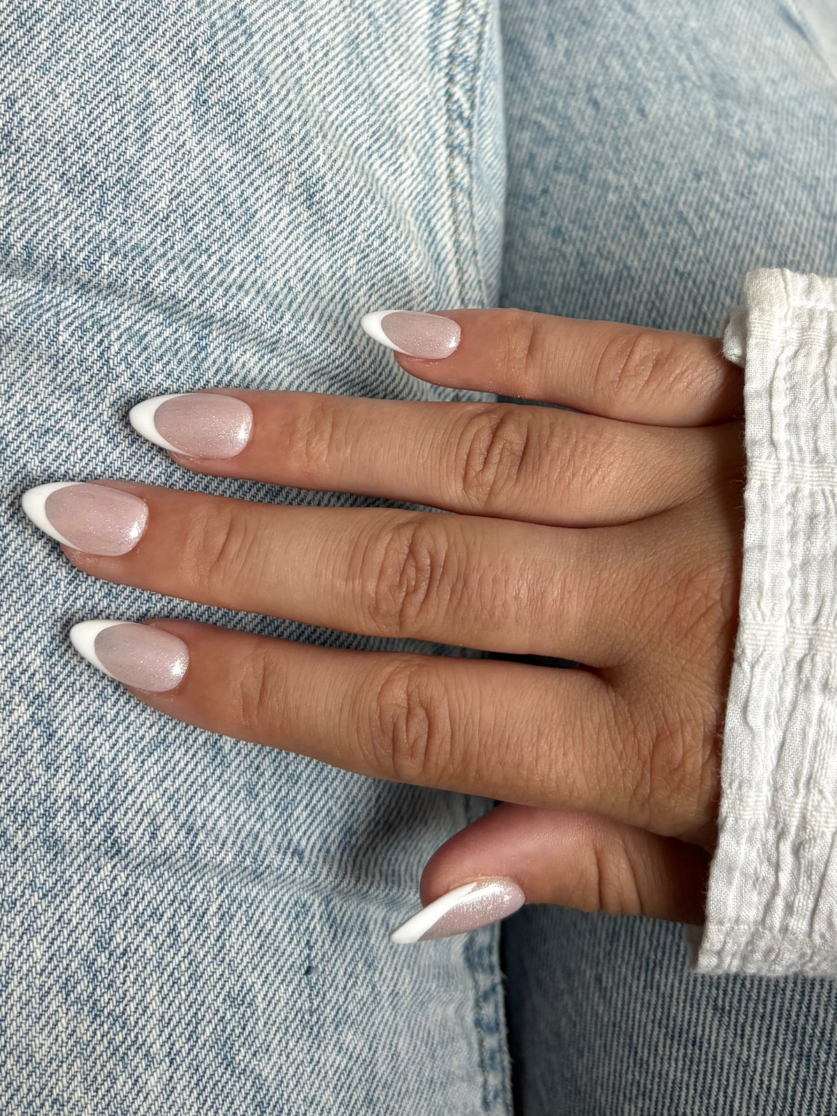 glitter shimmer french tips bridal wedding neutral nude press-on nails by Polished by Maddie