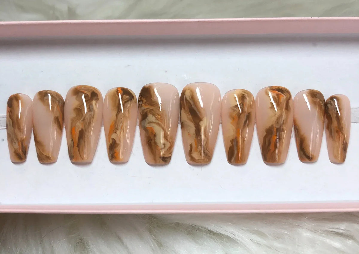 fall brown marble press-on nails by Polished by Maddie