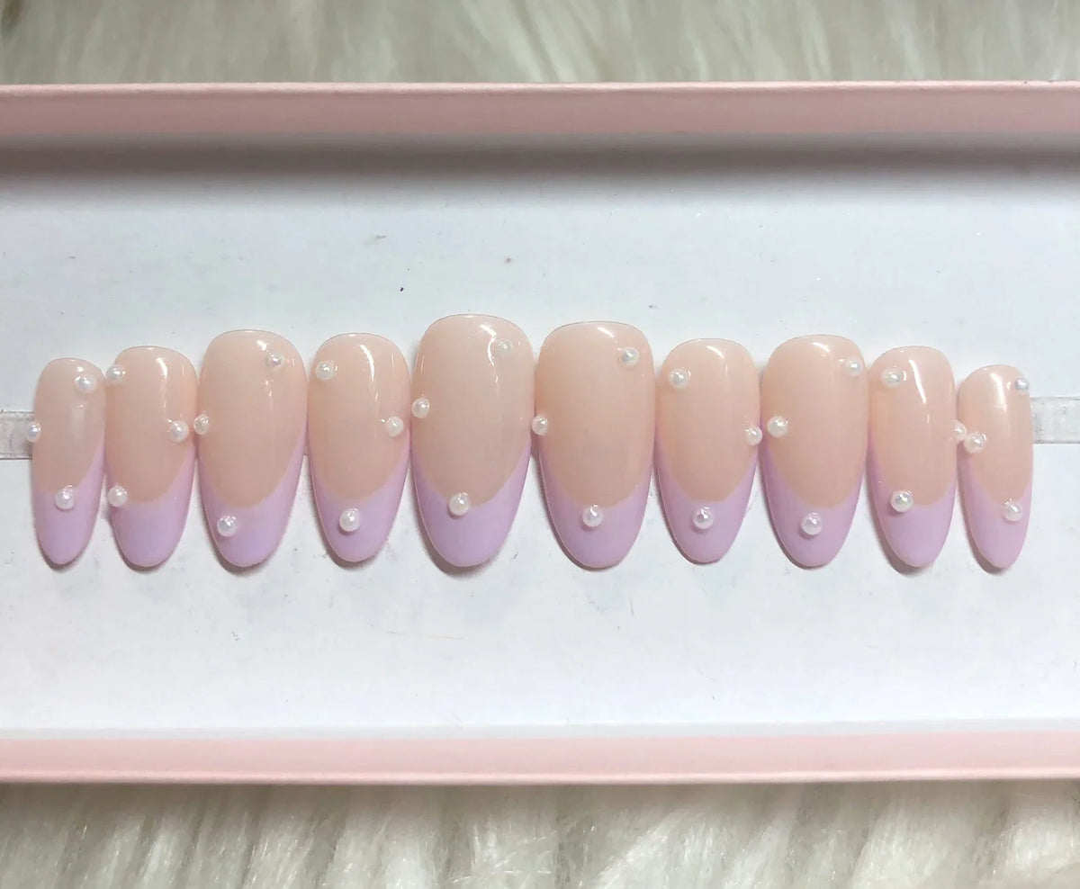 pastel purple french tips, pearls press-on nails by Polished by Maddie